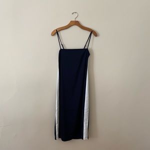 Navy Blue Midi Dress with White Stripes on Sides